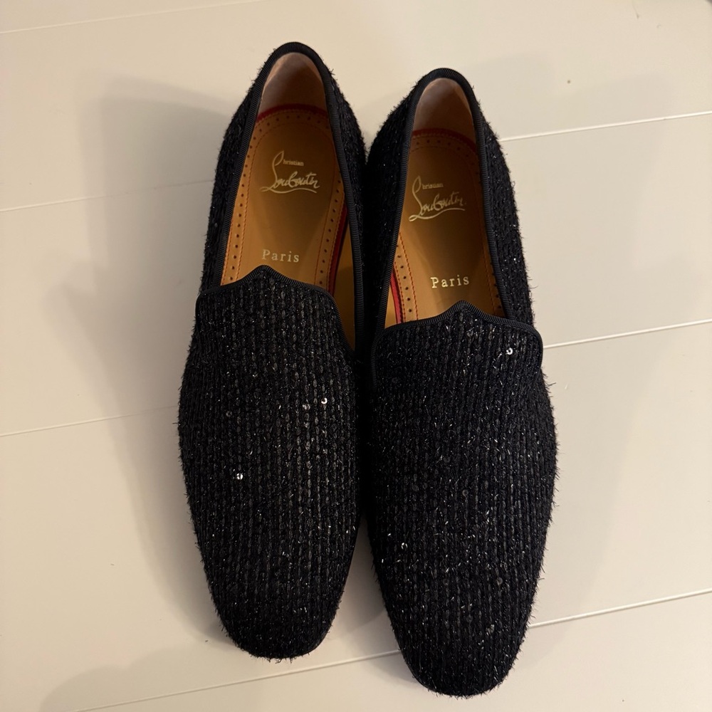 Christian Louboutin Black Sequined Tweed Textured Loafers